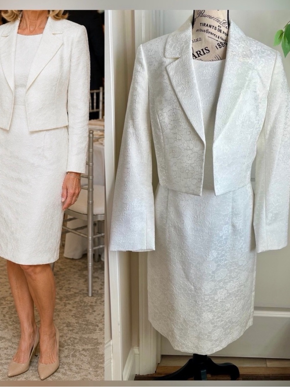 Kasper White Jacquard Dress & Jacket Set - 8/10